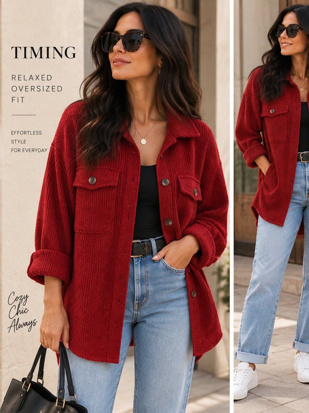 TIMING Red Oversized Shacket Shirt Jacket Medium Longline